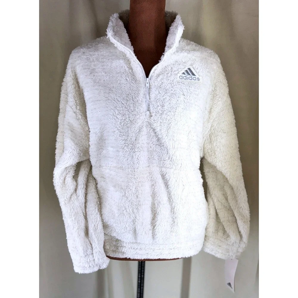 Adidas Sherpa Quarter Zip Girls XL‎ 18 Cream Sparkle NWT Fleece Cozy Neutral